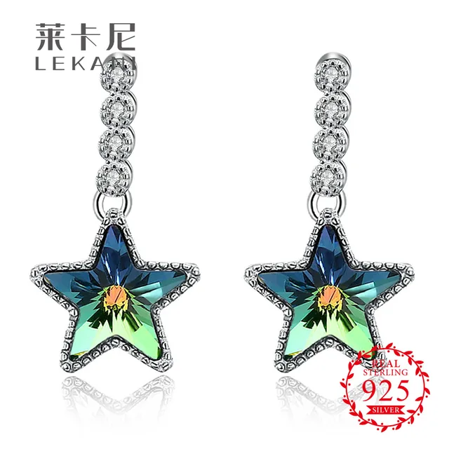 Lekani Crystals From Swarovski Green Star Shape Earrings 100 Lekani Crystals From Swarovski Green Star Shape Earrings 100 Sterling Silver Drop For Women
