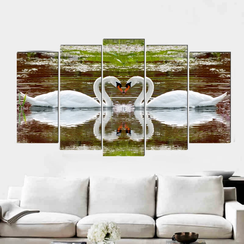 

Swan animal pastoral canvas painting home deco art prints 5 psc realist wall pictures for bedroom parlor kitchen lobby office