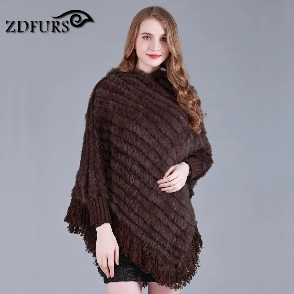 ZDFURS * ОРИГИНАЛЬНОЕ Вязаное пончо из кроличьего меха с капюшоном и кисточкой
