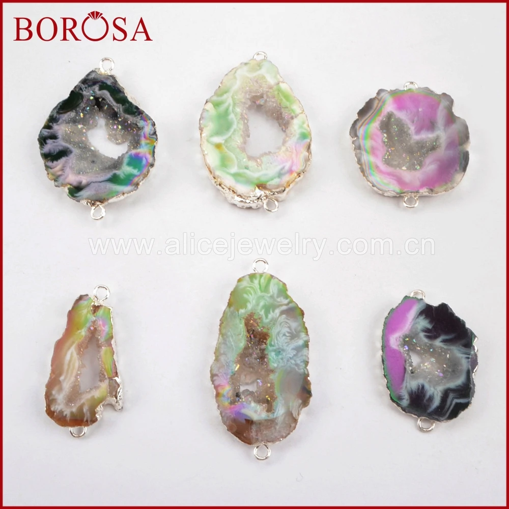 

BOROSA 10Pcs New Arrival Drusy Silver Color Titanium AB Agates Druzy Slice Connectors, Mixed Colors Gems Connector Jewelry S1453