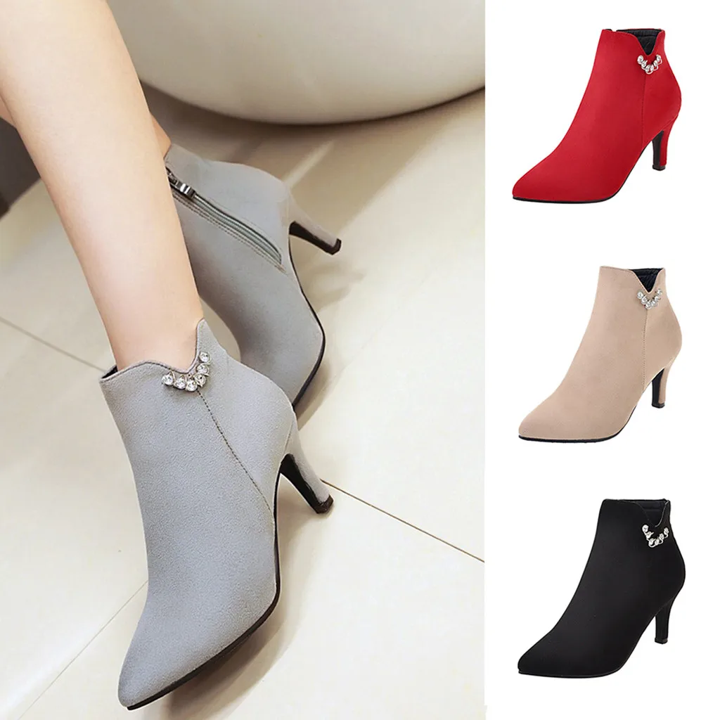 SAGACE/женские ботильоны для женщин с острым носком на тонком каблуке; Новая модная красная обувь со стразами; женская обувь на шпильке с боковой молнией; botines mujer