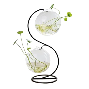 

VICTMAX Nordic Glass Vase Hanging Plant Terrarium with S Shape Iron Stand for Home Office Garden Decor - 10cm Pulling Mouth Vase