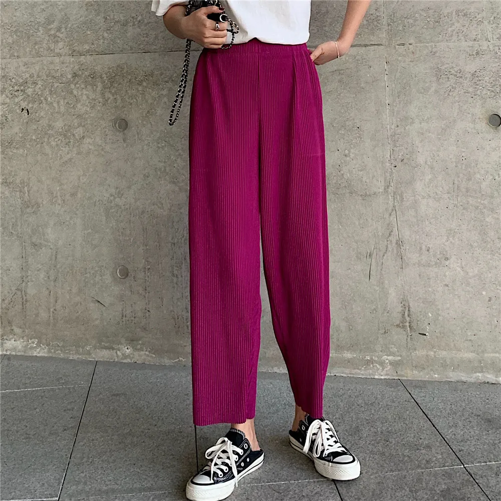 Woherb летние корейские свободные широкие брюки для женщин повседневные эластичные плиссированные брюки с высокой талией уличная одежда однотонные Pantalon Femme - Цвет: rose purple