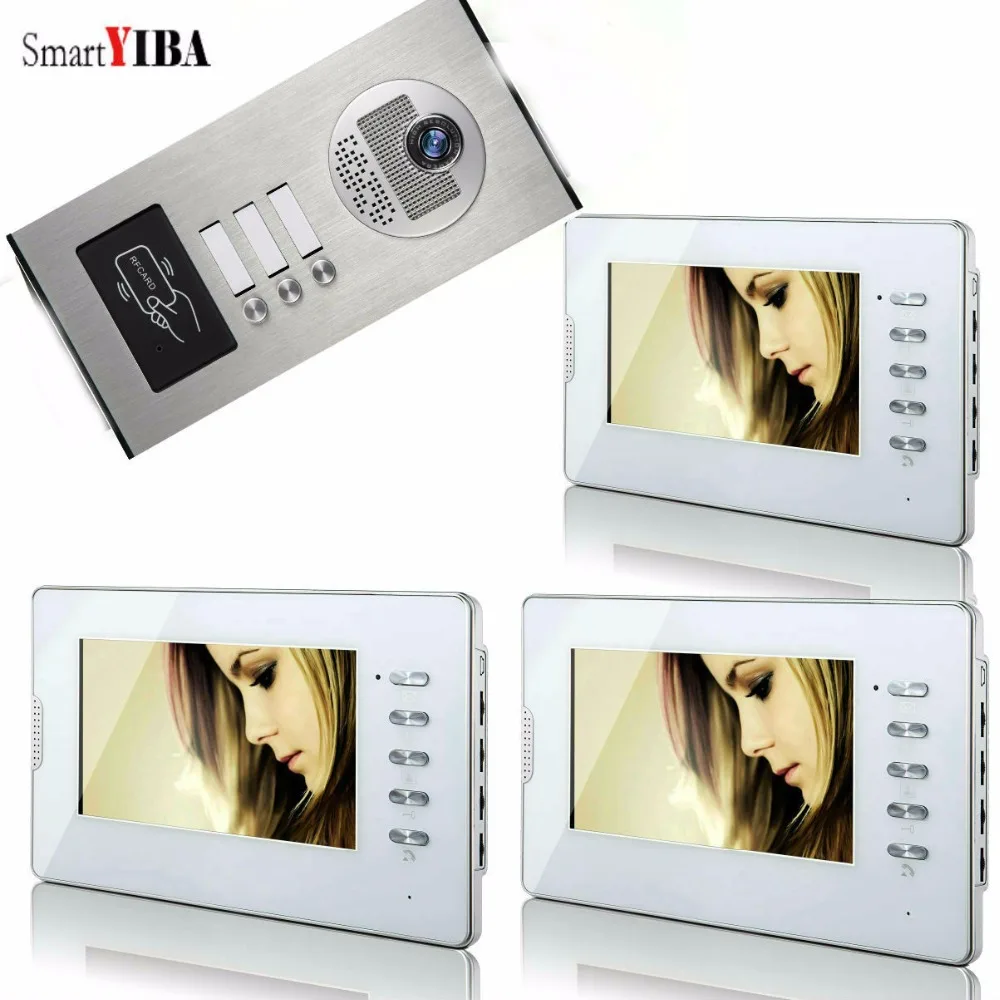 

SmartYIBA 7"Video Intercom System For 3 Units Apartment Home Security Video Door Phone Kit Door Camera With RFID Keyfobs