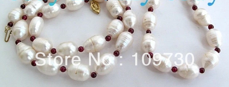 

Jewelry 00566 14mm White Pearl Round Garnet Necklace Bracelet SET new