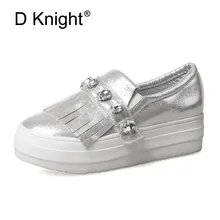 Для женщин Легкий белый обувь серебристого цвета из искусственной кожи Туфли без каблуков Лоферы без застежки Кристалл кисточкой женский женские Сникеры на платформе Размеры 31-43