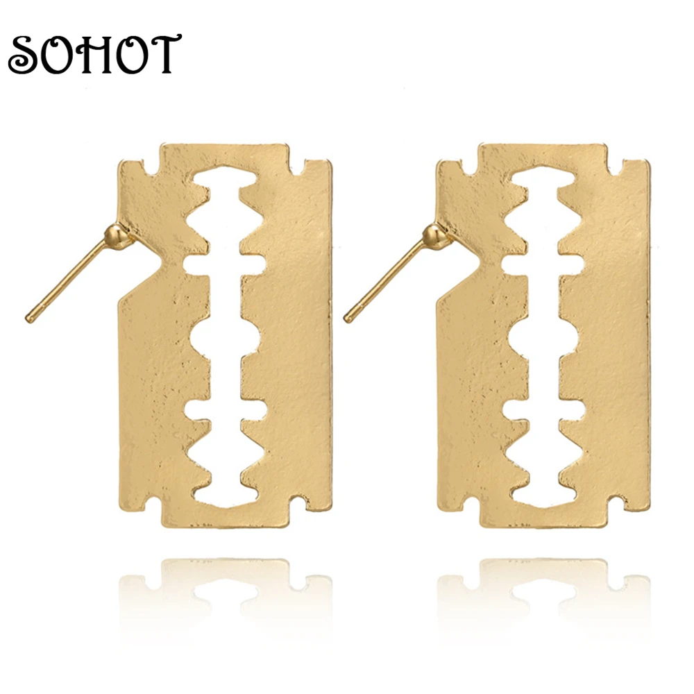 

SOHOT Neo-Gothic Personality Razor Blade Stud Earrings Square Gold Silver Color For Europe Fashion Women Accessories Jewelry