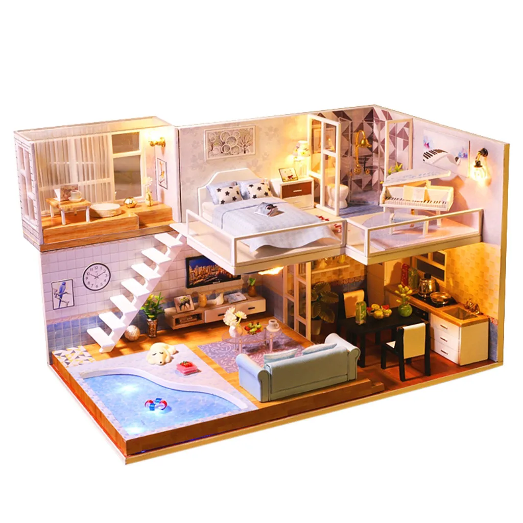

3D Wooden DIY Miniature House Furniture LED House Puzzle Decorate Creative Gifts Cutebee Doll House 1:50 1:24 Poppenhuis MAR20