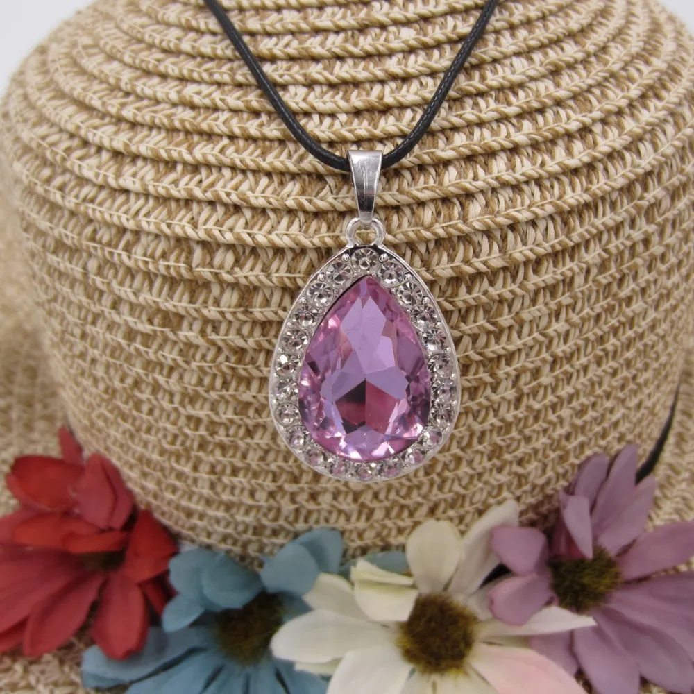 

Sparkly Kids Girls Purple Teardrop Pendant Necklace Princess Sofia The First Dress Outfits PU Leather Amulets Necklaces Jewelry
