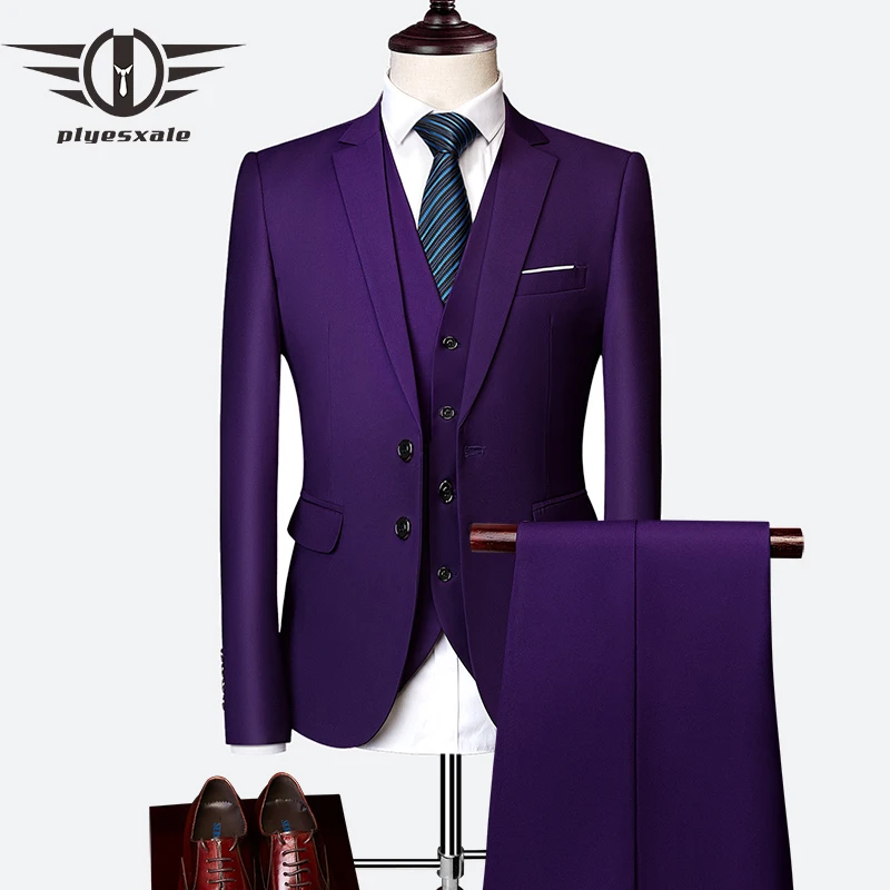 

Purple Suits For Men 2019 Slim Fit Latest Groom Suits Costume Homme Mariage 6XL Suit Dress Men Black Sky Blue Gray Yellow Q63