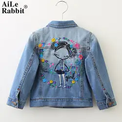 AiLe Rabbit/2019 Новое поступление, джинсовая куртка для девочек, брендовая одежда с вышитыми цветами для девочек, Джинсовая Верхняя одежда с