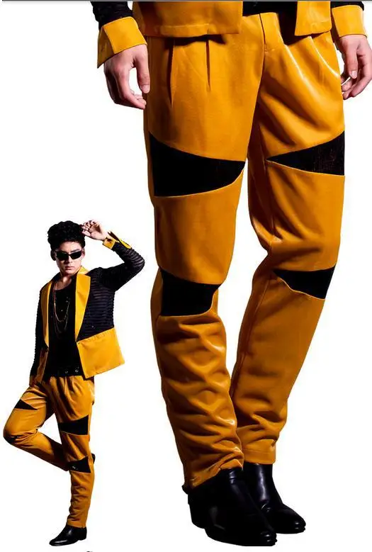 Black Singer costumes splice motorcycle 1 pu pants men 1 pants man