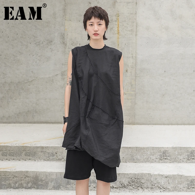 

[EAM] 2019 New Spring Summer Round Neck Sleeveless Black Loose Irregular Split Burr Temperament T-shirt Women Fashion JW538