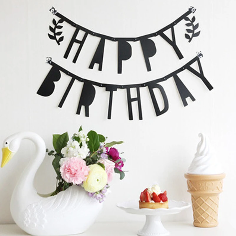 1Set Happy Birthday Black Felt Flags Garland Floral Bunting Banners Letter Garlands Baby Kids Party Decorations | Дом и сад