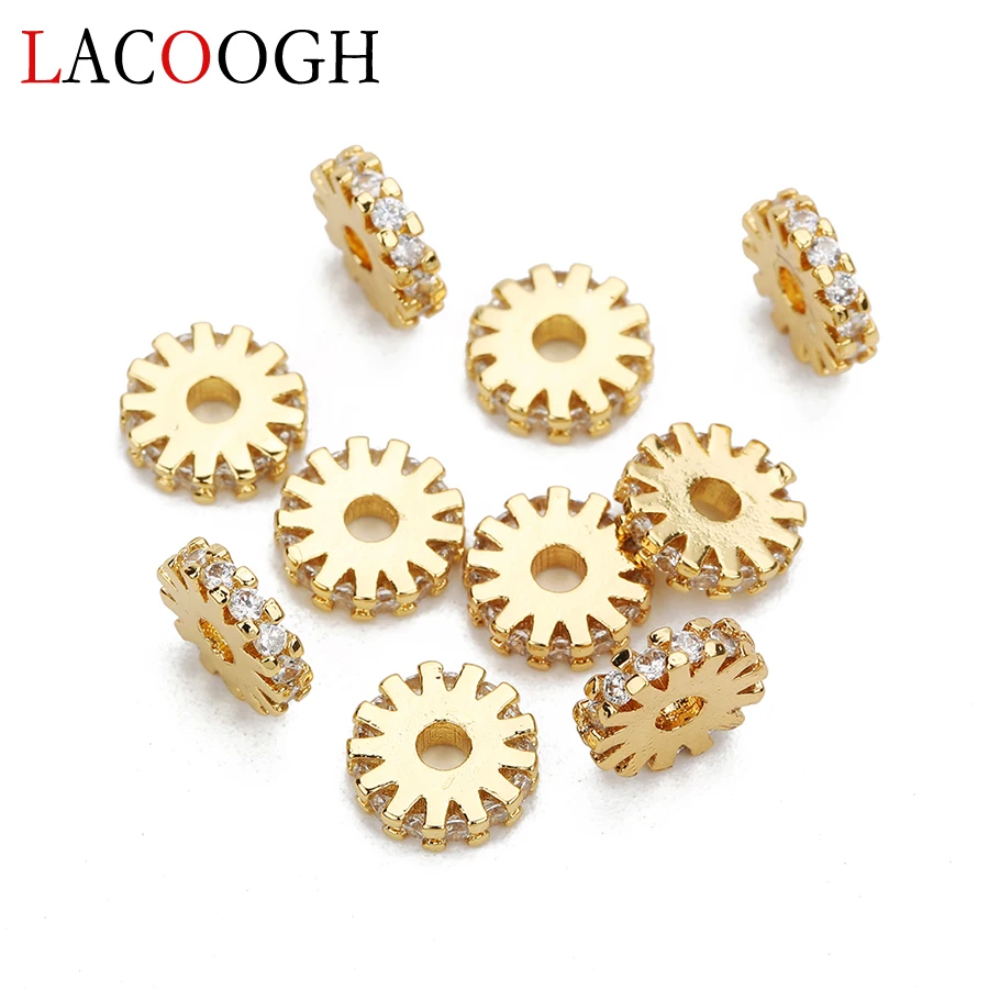 

5pcs/lot Gold Color 8mm Gear Wheel Shape Copper Beads with Pave CZ Spacer Loose Beads Charms for DIY Bracelets Jewelry Supplier