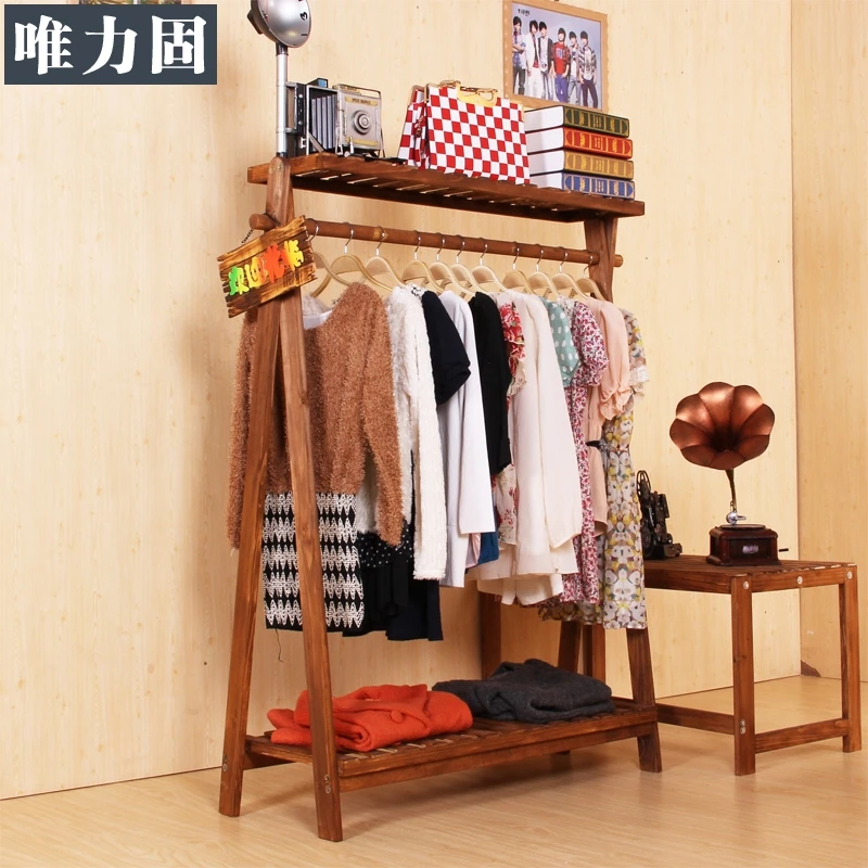 Weili solid solid wooden clothing rack clothing display floor wall