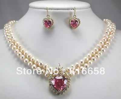 

hot Free shipping@@New coming! 2 row white pearl necklace + heart pink zircon pendant earring set (A0423)