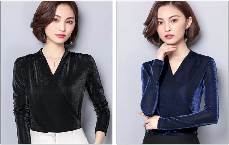 Blusas Mujer De Moda корейский Блестящий люрекс Женские топы и блузки размера плюс длинный рукав v-образный вырез блузка с блестками тонкая женская рубашка