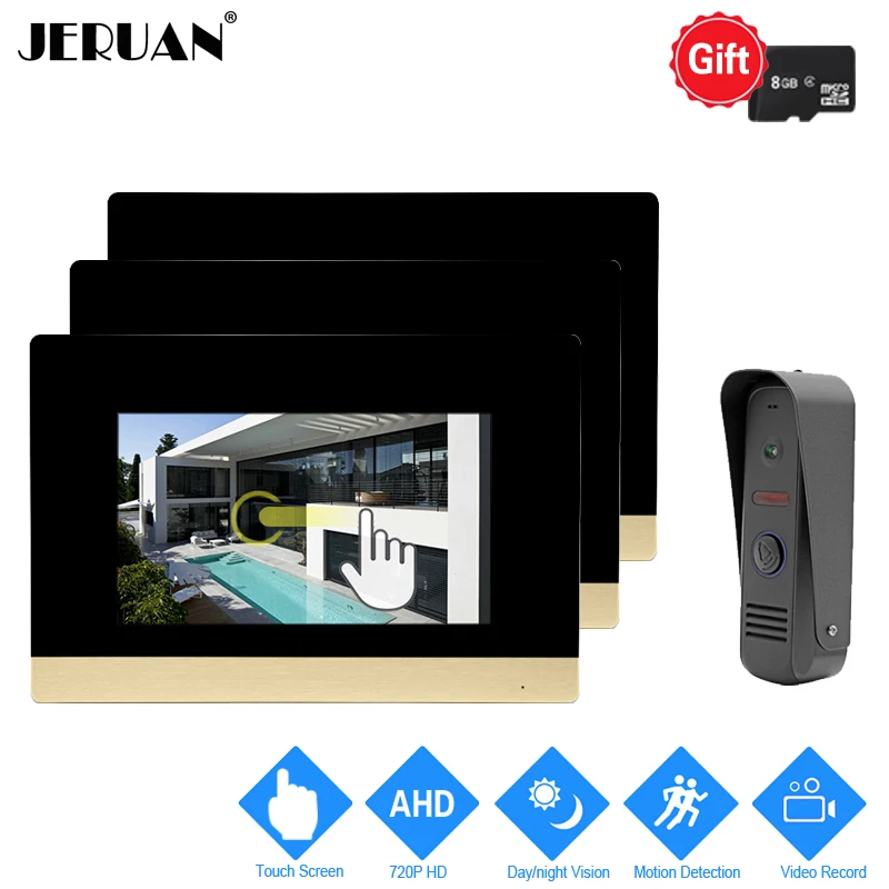 

JERUAN 720P Motion Detection 7 inch Touch Screen Color Video Intercom Doorbell System 3 Record Monitor +1.0MP HD Mini Camera 1V3