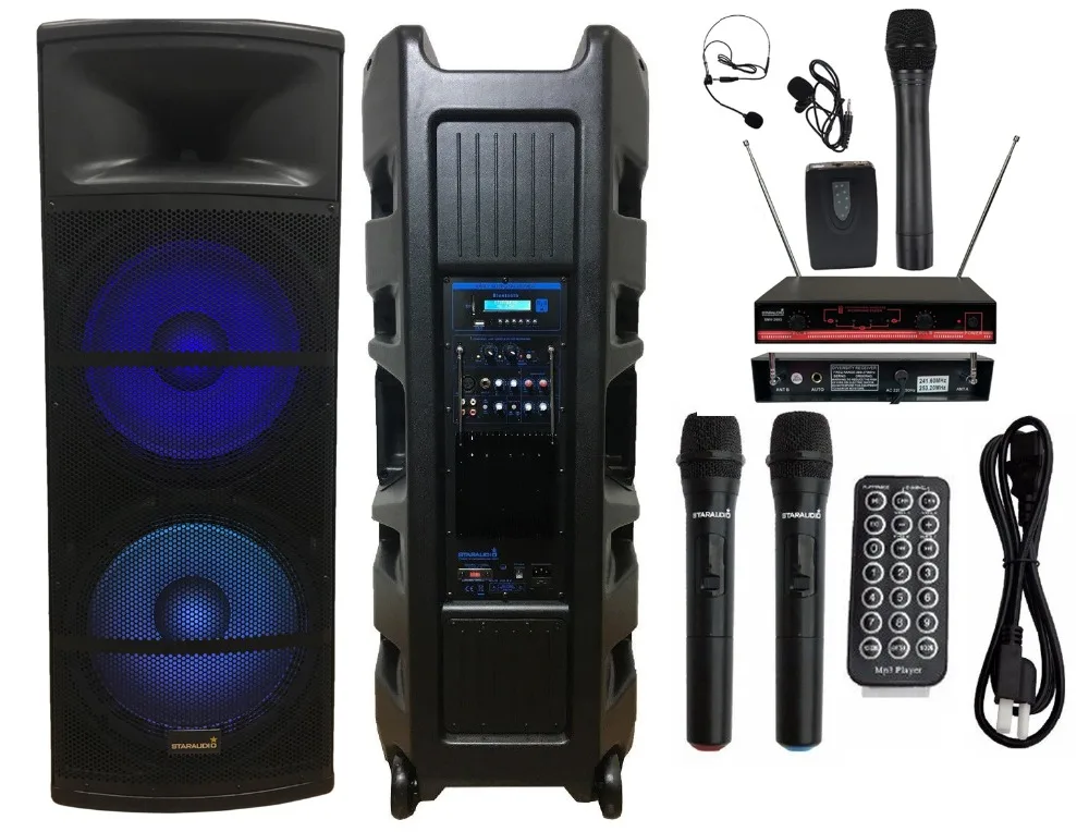 

STARAUDIO 5000W Dual 15 Inch PA Powered DJ Speaker KTV Bar Disco Speaker W/2 Channel Wireless VHF Microphone System SDMN-15RGB