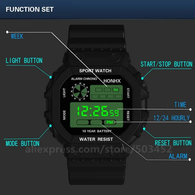 100 шт./лот дисплей освещения HONHX99 цифровые часы с календарем будильник многофункциональные спортивные цифровые часы