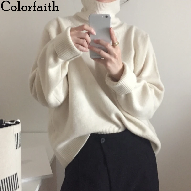 Online Colorfaity nuevo 2019 suéteres de Otoño Invierno para mujer pulóver cuello alto sólido minimalista elegante Oficina señora blusas sueltas SW7276