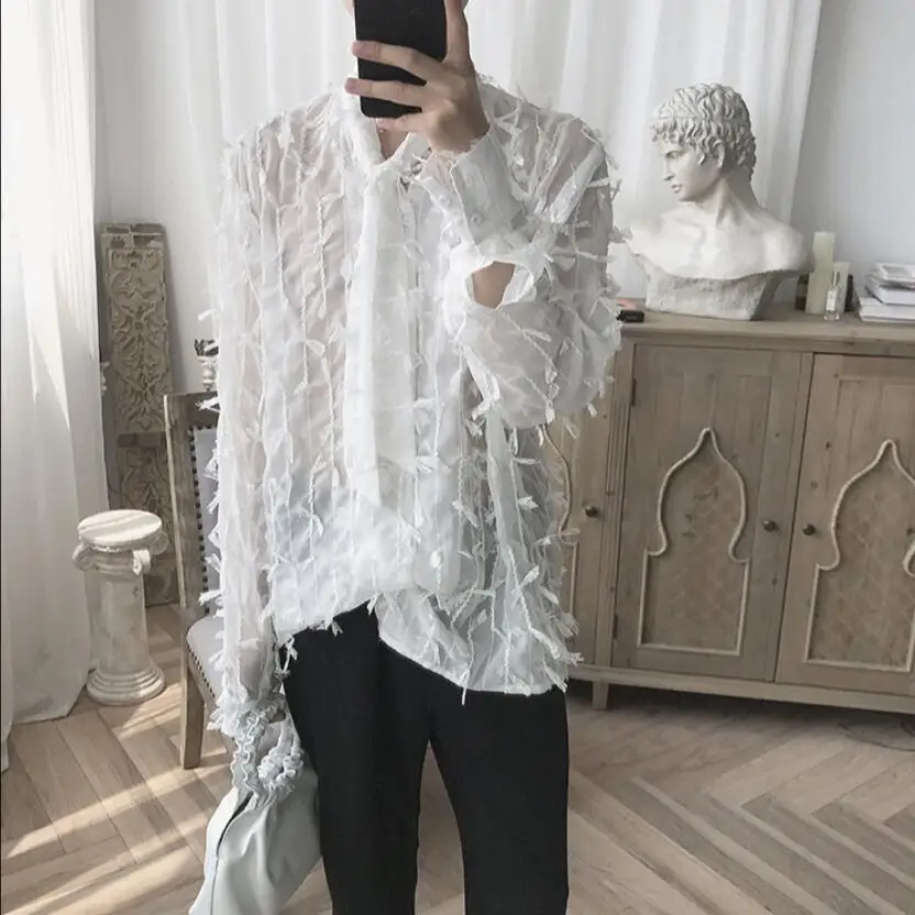 Белый Summer Men tie loose silhouette Korean style simple fashion sunscreen shirt hairstylist nightclub DJ singer long sleeve shirts - Цвет: Белый