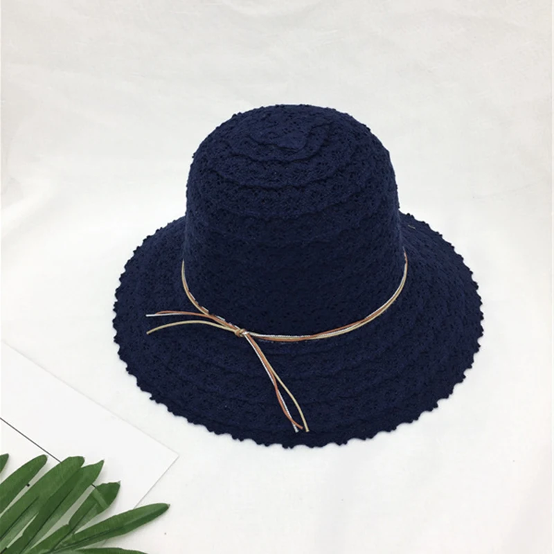 Женские шляпы из ковша, Корейская версия, однотонная цветная трубочка, мягкая, складная, с вырезами, в рыбацком стиле, простая, милая, женская, летняя, дышащая - Цвет: navy blue