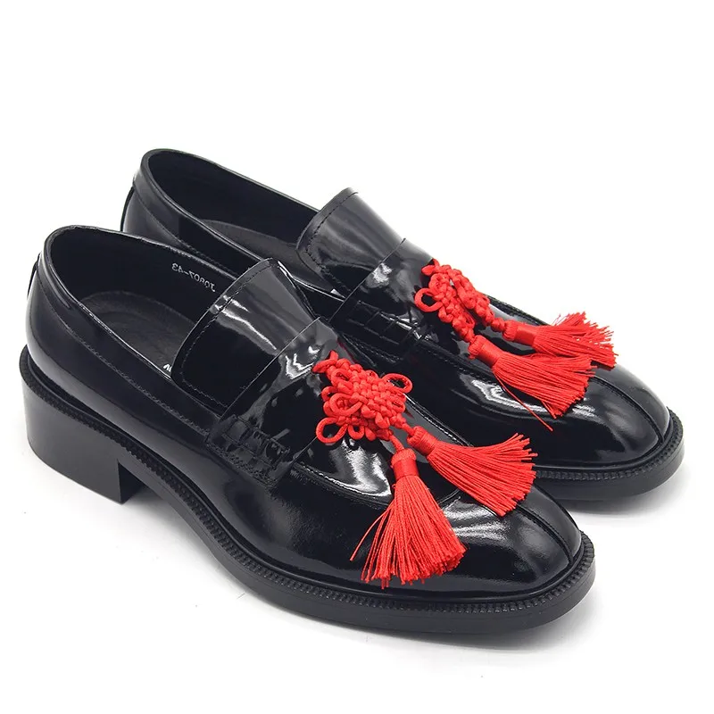 Винтажная Новинка года; Дизайнерские Мужские модельные туфли из натуральной кожи в китайском стиле с бантиком; мужские лоферы без застежки; Роскошные вечерние туфли с квадратным носком - Цвет: black
