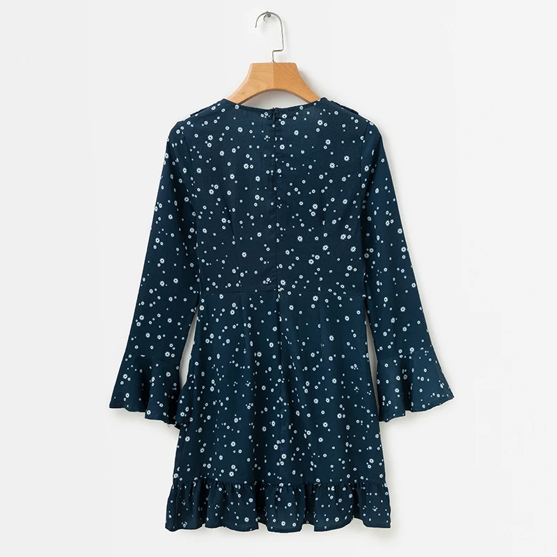 BONGOR LUSS Long Flare Sleeves Sexy Deep V Neck Ruffle Women Party Dresses Mini Dress Autumn Floral Print Chiffon Dress  (9)