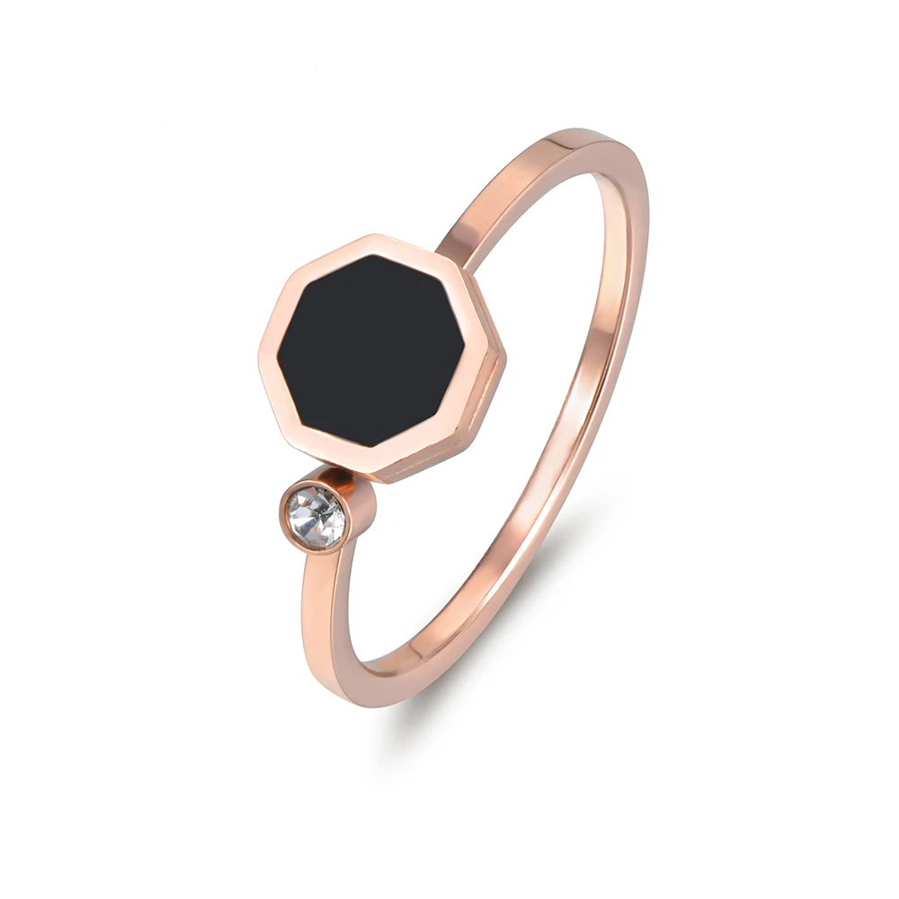 

JeeMango Rose Gold Color Hexagon Black Shell And Single Tiny Rhinestones Stainless Steel Rings For Women Christmas Gifts R17029