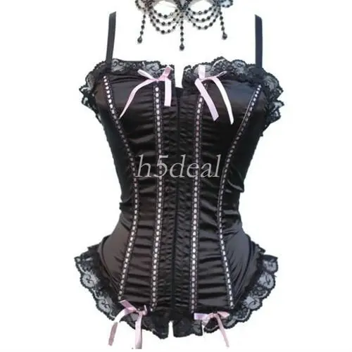 

2018 Hot Full Sizes Corset Bustier Sexy Lace Up Satin Bowknot Riband Black X M L XL Corset Bustier Top + G-string 2158