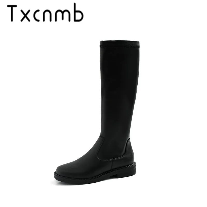 

TXCNMB Winter Boots Women Knee High Boots Warm Boots New Fashion Cow Leather Women Shoes round Toe Black Ladies 2019