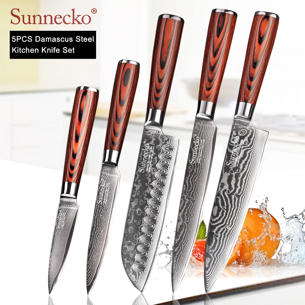 

SUNNECKO 5PCS Kitchen Knives Set Sharp Paring Utility Chef Slicing Santoku Knife Damascus Japaness VG10 Steel Pakka Wood Handle