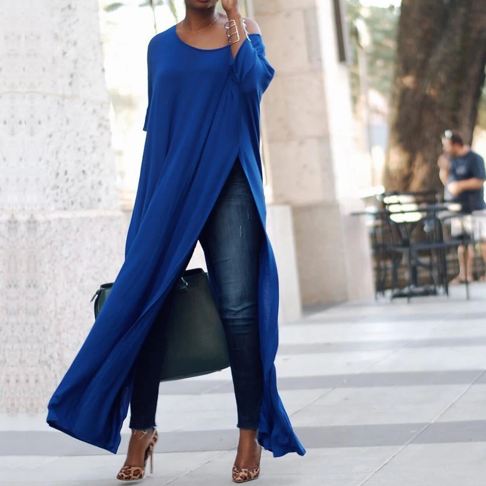 

New Casual Women O-Neck Off Shoulder Batwing Sleeve Sexy Loose Fashion Long Maxi High Split Shirt Dress