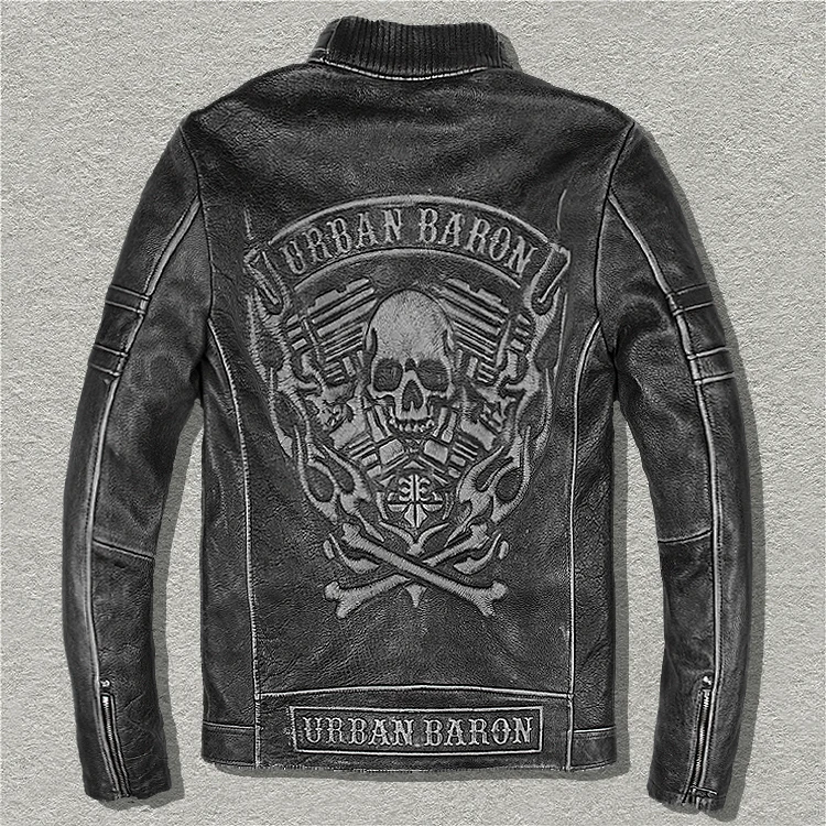 URBANBARON Men's Vintage Skulls Leather Motorcycle Jackets Black Stand