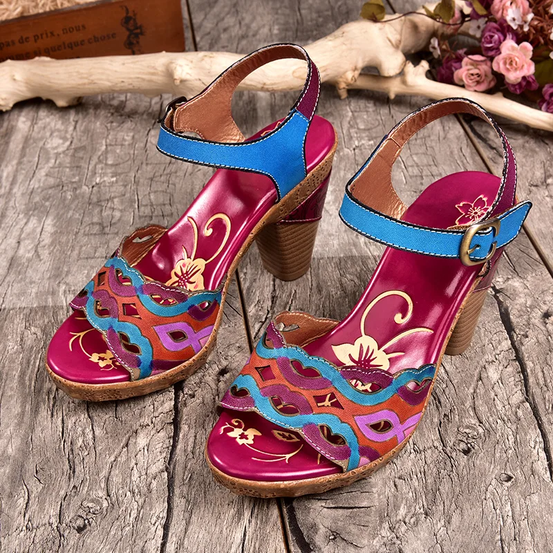 

Women Bohemian Vintage Style High Heels Sandals Summer Slingback Peep Toe Sandals Shoes Woman Printed Leather Sandals New