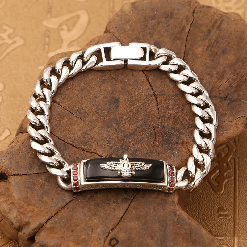 Solid Silver 925 Black Onyx Eagle ID Chain Bracelet Men 100% Real Sterling Silver 925 Cool Gothic Thai Silver Mens Jewelry Gifts Solid Silver 925 Black Onyx Eagle ID Chain Bracelet Men 100% Real Sterling Silver 925 Cool Gothic Thai Silver Mens Jewelry Gifts