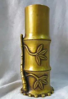 

7" China fine brass copper sculpture carved beautiful bamboo Brush Pot Statue