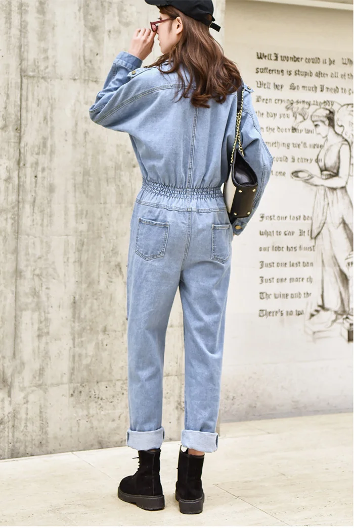 Синий элегантный BF уличная женская джинсовая одежда комбинезон брюки осень с длинным рукавом Высокая талия ретро джинсы Комбинезоны женские