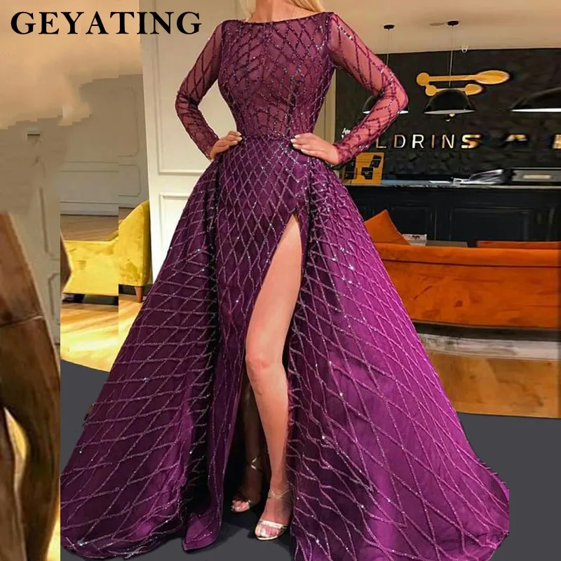 Purple High Side Split Mermaid Evening Dress Long Sleeves Detachable Train Party Gowns Dubai Turkish Arabic Evening Dresses 2019 Purple High Side Split Mermaid Evening Dress Long Sleeves Detachable Train Party Gowns Dubai Turkish Arabic Evening Dresses 2019