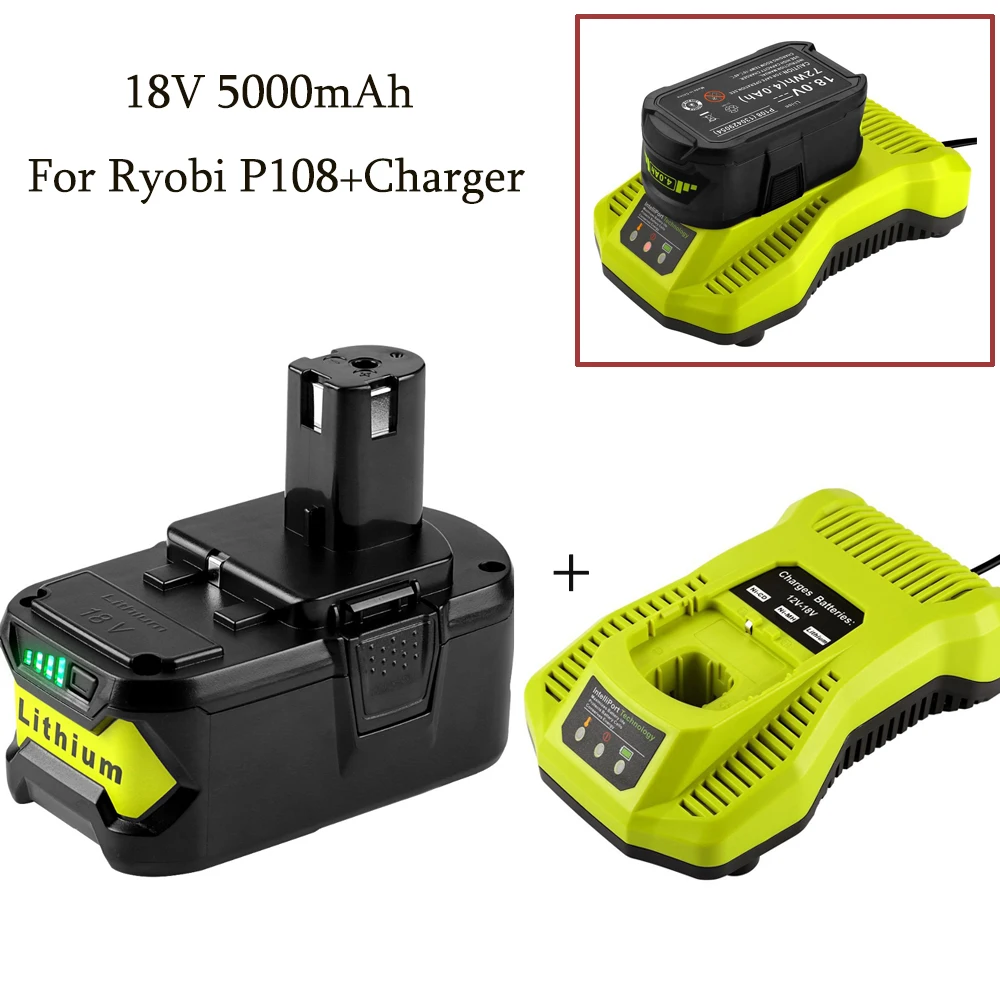

Charger+Newest 18V 5000mAh Li-Ion Battery For Ryobi Hot P108 RB18L40 Rechargeable Battery Pack Power Tool Battery For Ryobi ONE+