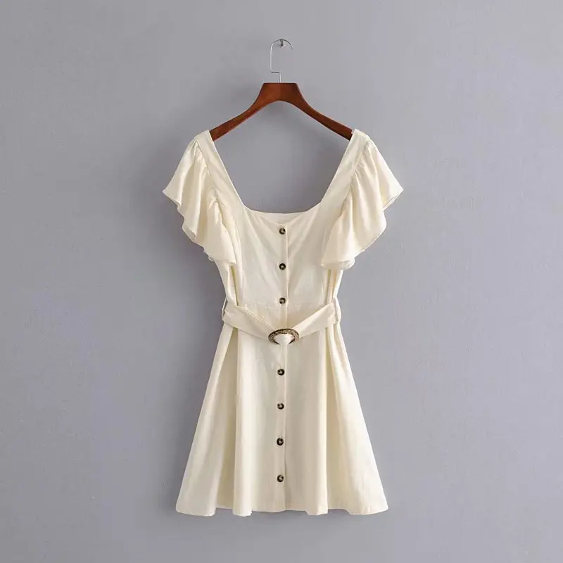 

Chic Stylish Square Collar Dress Sashes Batwing Sleeve Single Breasted Mini Dress for Women Summer Za New Fashion Vestidos