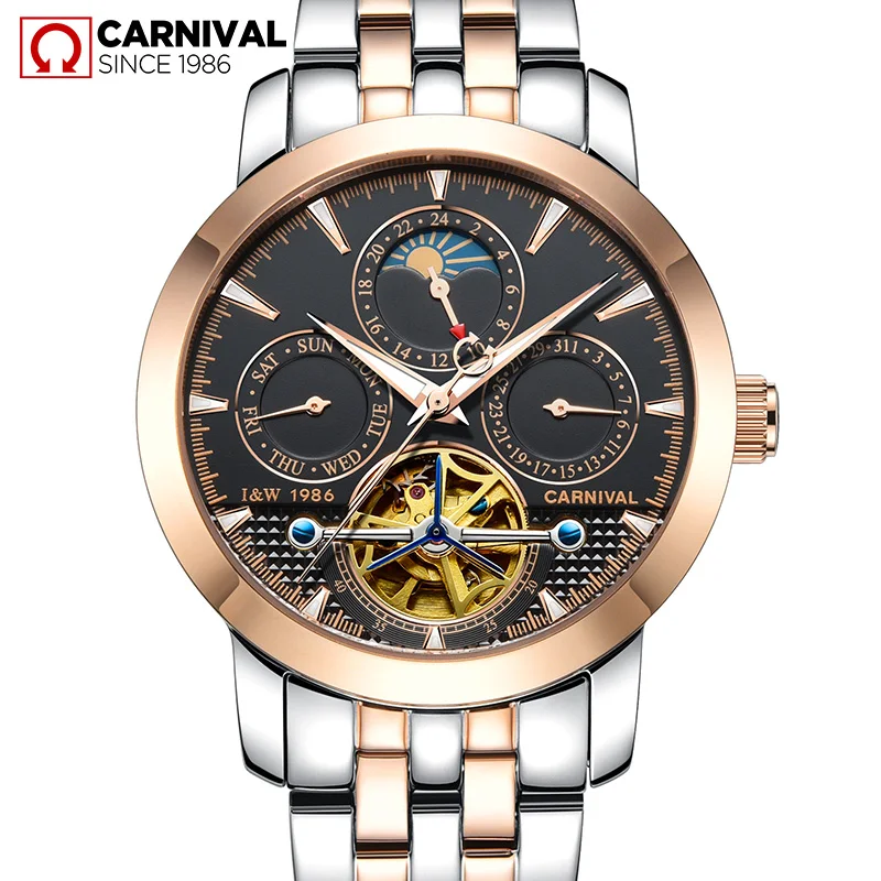 Fashion tourbillon watch men Moon Phase Stainless steel Automatic mechanical Sapphire waterproof black watch relogio masculino