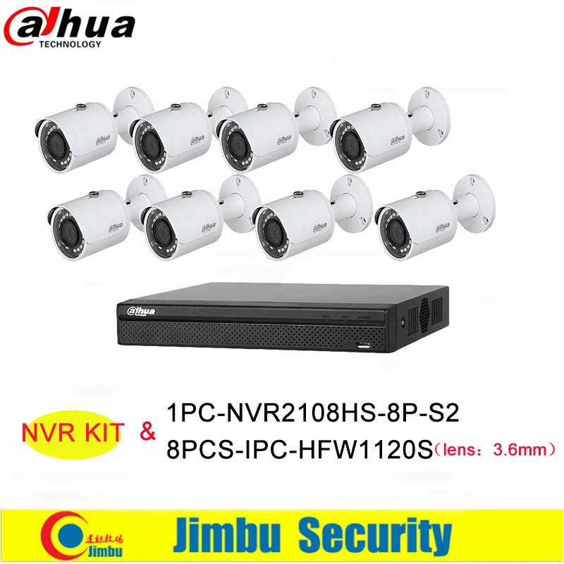 Dahua NVR Kit DVR 8Ch 8PoE 1PC-NVR2108HS-8P-S2&8PCS-IPC-HFW1120S H.264+/H.264 Up to 6Mp Video Recorder IP Camera IR 30M