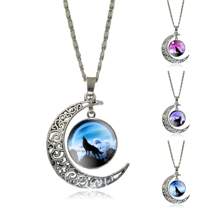 

XUSHUI XJ Fashion Silver Crescent Moon Pendant Necklace Howling Wolf Glass Cabochon Chain Necklace Women Friend gift