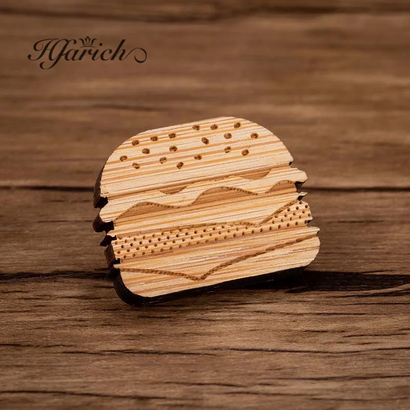 

Hfarich Cheeseburger brooch hamburger food pins jewelry laser cut maple wood graphic retro kitsch jewellery Kids Gifts