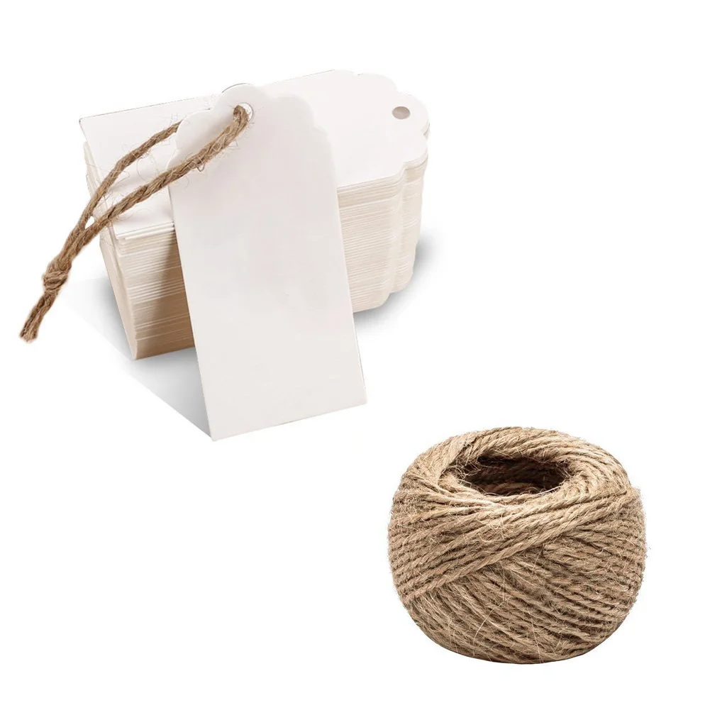 100Pcs Gift Tag Hang Wedding Paper Blank DIY Store Price Label Hemp Rope - Color: White