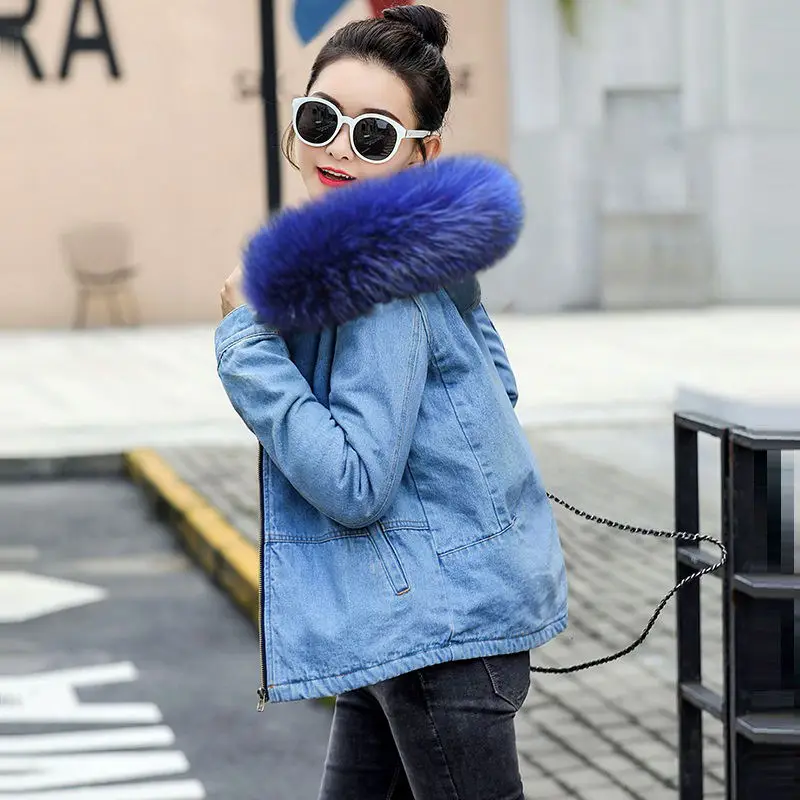 Chaqueta Mujer, однотонная джинсовая куртка с капюшоном, куртка для женщин, теплая Повседневная синяя куртка-бомбер, женская зимняя верхняя одежда с меховой подкладкой, джинсовая женская одежда - Цвет: Blue fur