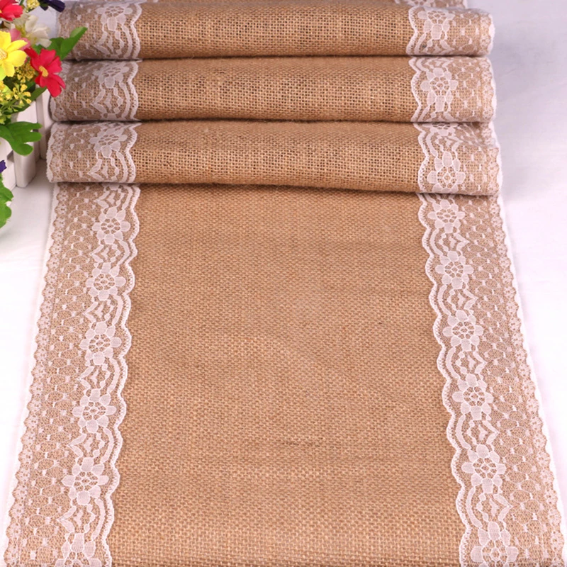 

Country Vintage Fashion Retro Favors Event Party Supplies Decoration Wedding White Lace Flower Jute Burlap Linen Table Runner